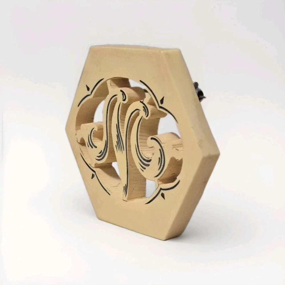 Vintage Bakelite Monogram Custard Brooch Open Work Carved  Art Deco